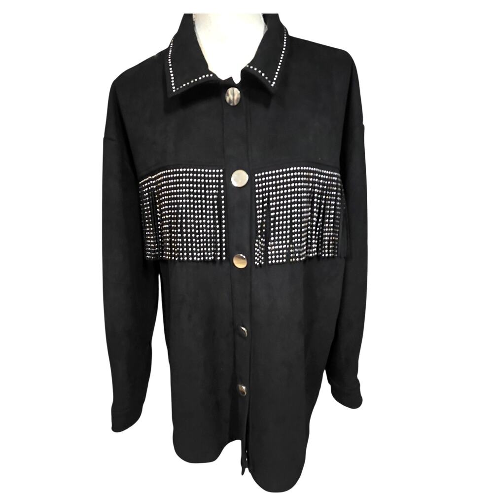 Alice Blue Black Ultra Suede Button Down Shirt /Jacket with Sequined Frills